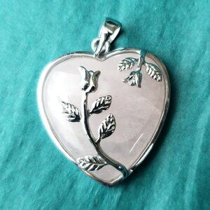 2/10$ Silver tone rose quartz heart with flowers  pendant